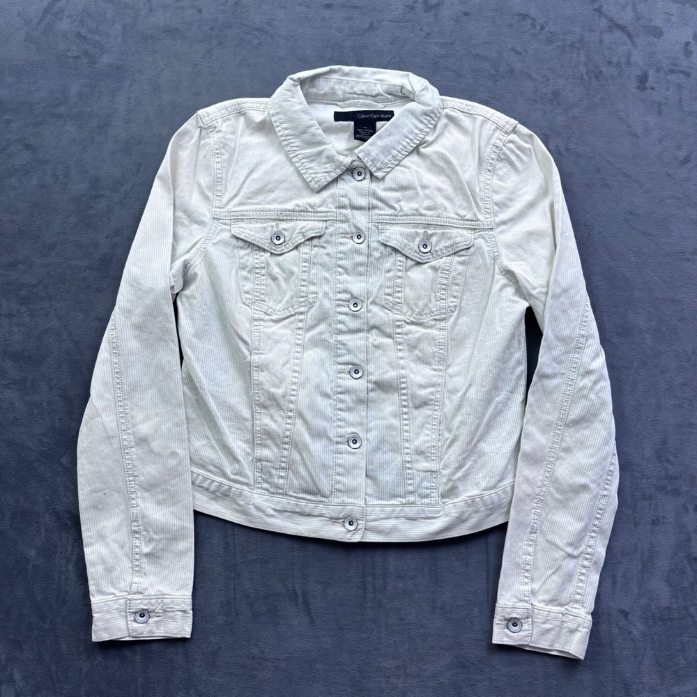 Calvin Klein Jeans Womens Cream White Pinstripe Corduroy Trucker Jacket Large